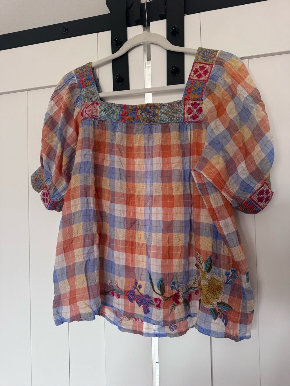 Johnny Was workshop  Plaid Embroidered Puff-Sleeve Top